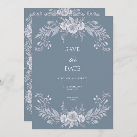 Viktorianische blaue Blumenhochzeit rettet das Dat Save The Date (Vorne/Hinten)
