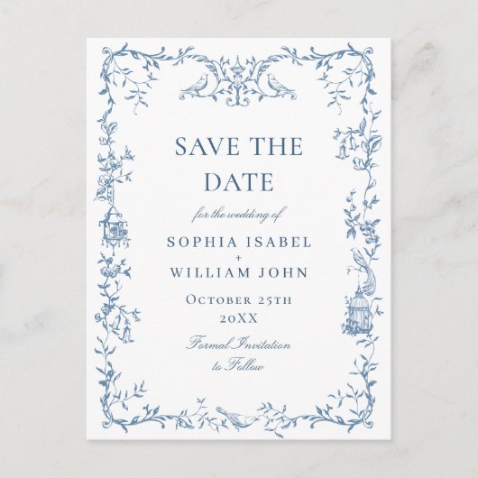 Viktorianische blaue Blumenhochzeit speichern das Postkarte (Vorderseite)