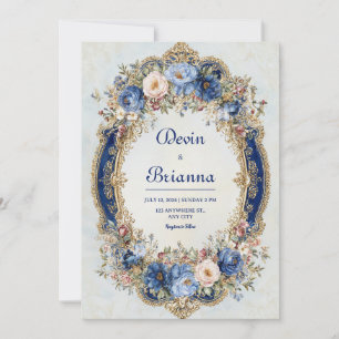 Viktorianische Blu- und Goldflorrahmen-Hochzeit Einladung