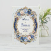 Viktorianische Blu- und Goldflorrahmen-Hochzeit Einladung (Stehend Vorderseite)