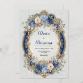 Viktorianische Blu- und Goldflorrahmen-Hochzeit Einladung (Vorne/Hinten)