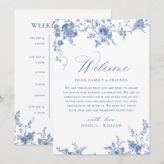 Viktorianische Blue Floral Hochzeitswochenende Einladung (Vorne/Hinten)