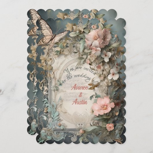 Viktorianische Blume und Schmetterlinge in Blau un Einladung (Vorne/Hinten)