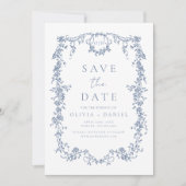 Viktorianische Blumendusty Blue Foto Französische Save The Date (Vorderseite)