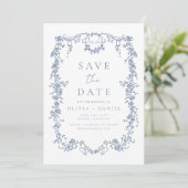 Viktorianische Blumendusty Blue Foto Französische Save The Date (Stehend Vorderseite)