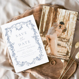 Viktorianische Blumendusty Blue Foto Französische  Save The Date