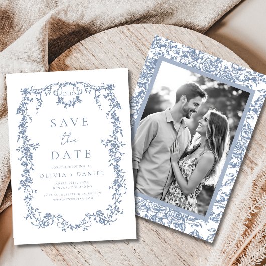 Viktorianische Blumendusty Blue Foto Französische Save The Date