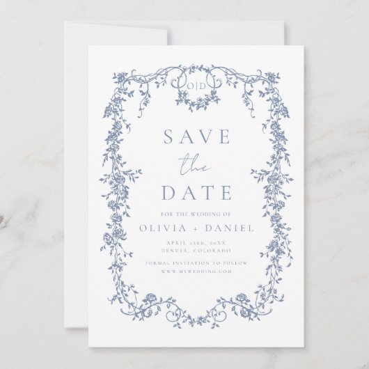 Viktorianische Blumendusty Blue Foto Französische Save The Date (Vorderseite)