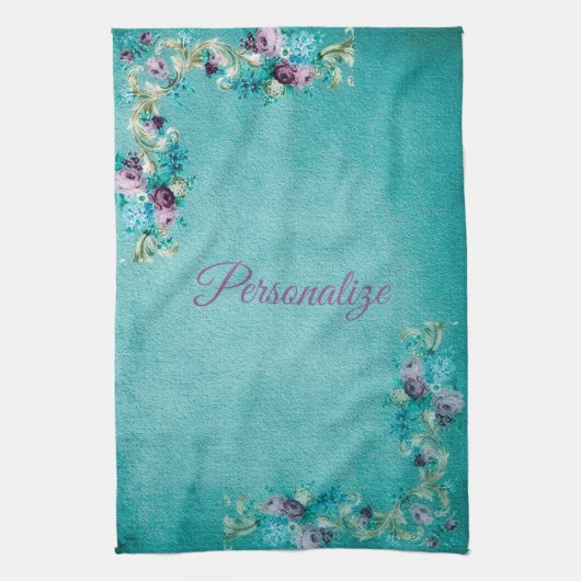 Viktorianische blumengeschmückte Rose elegant aqua Geschirrtuch (Vertikal)