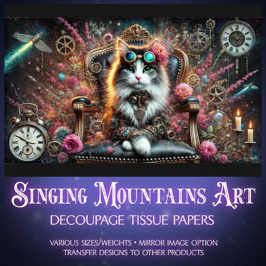 Viktorianische Cat Floral Steampunk Uhren Decoupag Seidenpapier