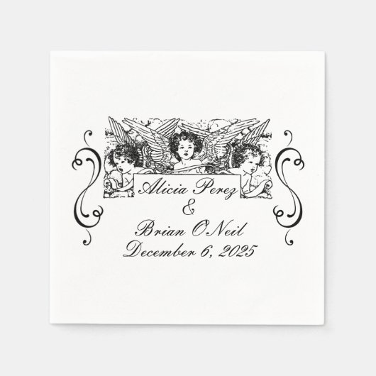 Viktorianische Cherubs in Schwarz und Weiß Hochzei Serviette (Vorderseite)
