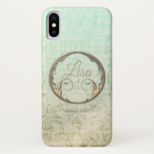 Viktorianische Damast-Schrift goldgrün elegant Case-Mate iPhone Hülle (Rückseite)