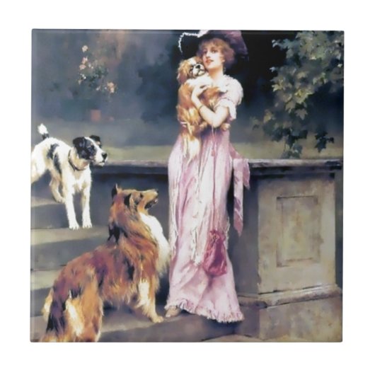 Viktorianische Dame mit Hundehaustieren Fliese (Vorderseite)