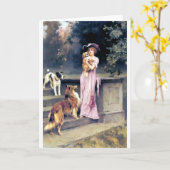 Viktorianische Dame mit Hundekatzen Karte (Gelbe Blume)