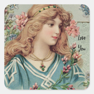 Viktorianische Dame mit rosa Blumen im Haar Quadratischer Aufkleber