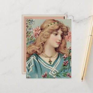 Viktorianische Dame mit rosa und blauen Blumen im Postkarte
