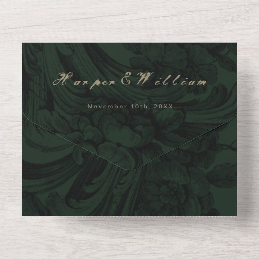 Viktorianische dunkelgrüne Hochzeitshülle All In One Einladung (Rückseite)