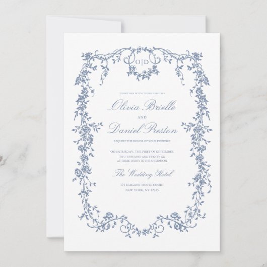 Viktorianische Dusty Blue QR Code Blumenhochzeit Einladung (Vorderseite)