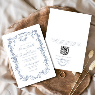 Viktorianische Dusty Blue QR Code Blumenhochzeit Einladung