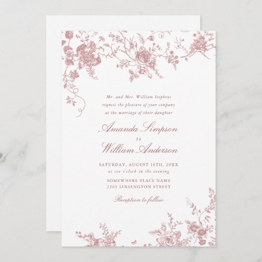 Viktorianische Dusty Blush Pink French Garden Wedd Einladung (Vorne/Hinten)