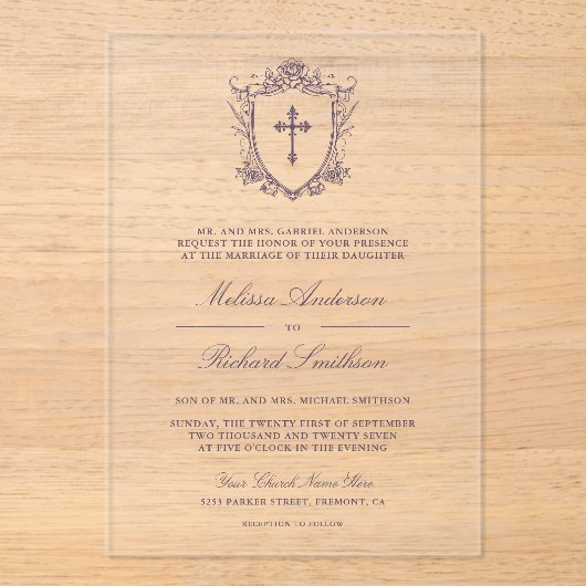 Viktorianische dusty Lila-katholische Hochzeit Acryleinladungen (Vorderseite)