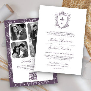 Viktorianische dusty Lila-katholische QR-Hochzeit Einladung