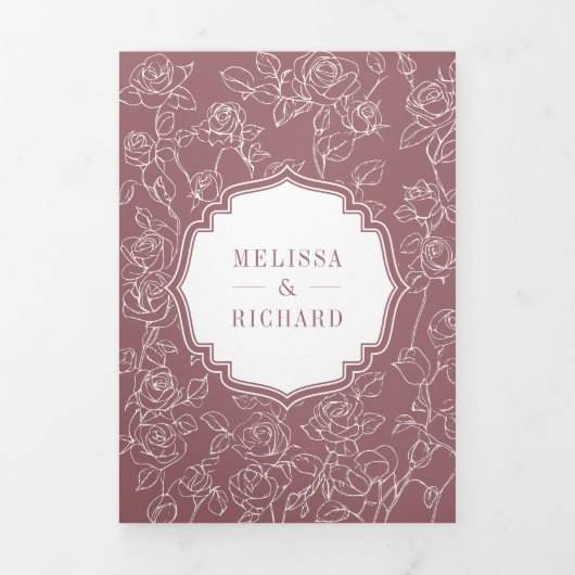 Viktorianische Dusty-Rose Katholische QR-Hochzeit Dreifach Gefaltete Einladung (Cover)