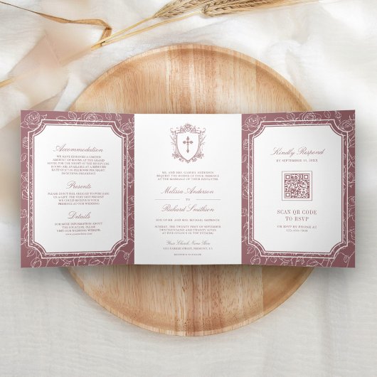 Viktorianische Dusty-Rose Katholische QR-Hochzeit Dreifach Gefaltete Einladung