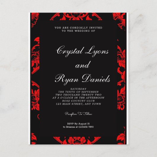 Viktorianische Einladung zur Hochzeit in Rot und S Postkarte (Vorderseite)
