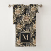 Viktorianische elegante Rose Schwarzes Monogramm Badhandtuch Set (Insitu)
