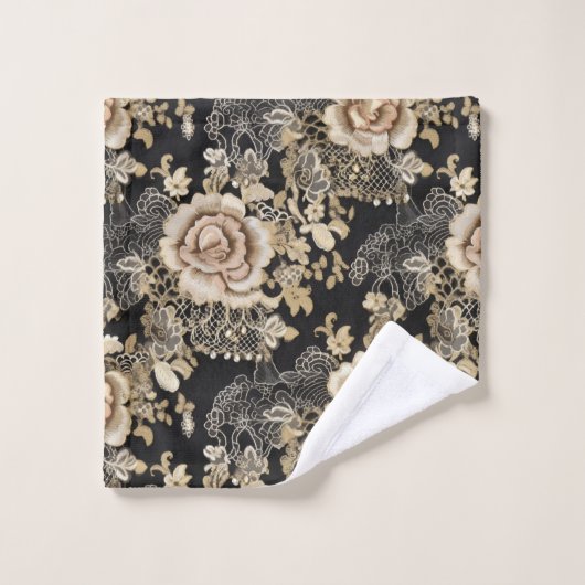 Viktorianische elegante Rose Schwarzes Monogramm Badhandtuch Set (Waschlappen)
