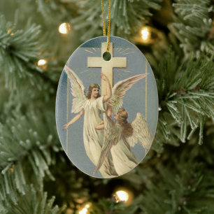 Viktorianische Engel mit einem Kreuz, vintage Oste Keramik Ornament