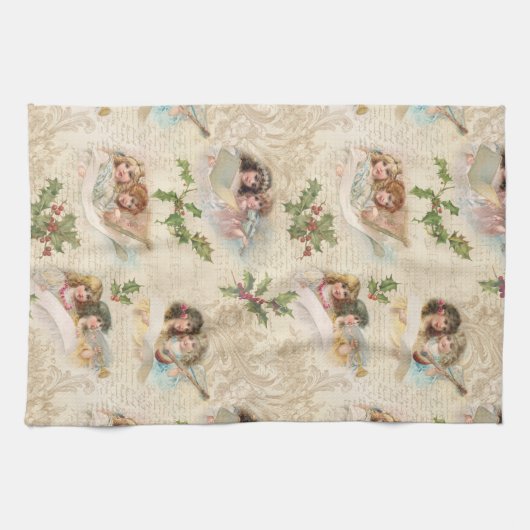 Viktorianische Engel mit Musik, Script & Holly Geschirrtuch (Horizontal)