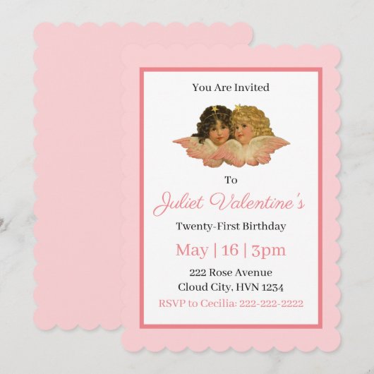 Viktorianische Engel Rosa Einladung (Vorne/Hinten)