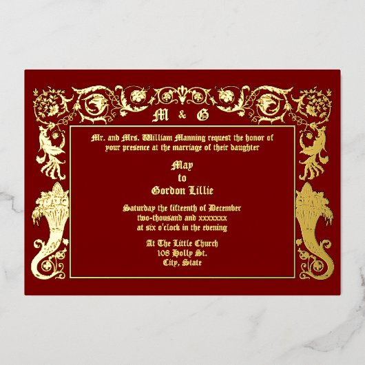 Viktorianische Epoche 1890 Cornucopias Foliage Folieneinladung (Vorderseite)