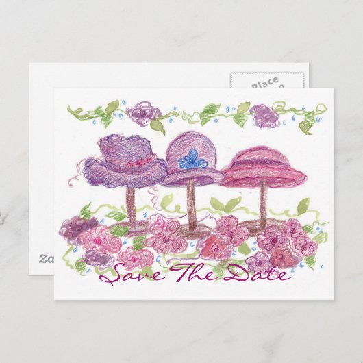 Viktorianische Extravagant Hats Save the Date Blum Ankündigungspostkarte (Vorne/Hinten)