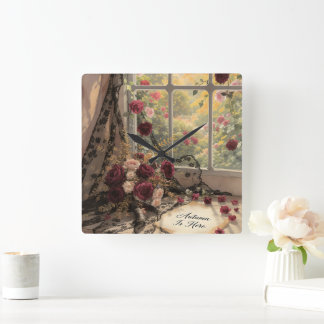 Viktorianische Fensterfront Vorhang Rose Art Quadratische Wanduhr