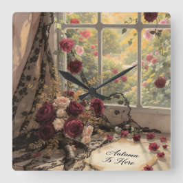 Viktorianische Fensterfront Vorhang Rose Art Quadratische Wanduhr
