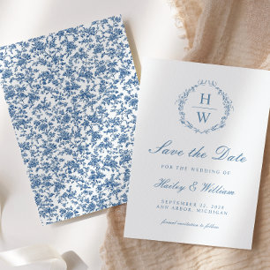 Viktorianische Floral Toile Blau Hochzeit Termin v Save The Date