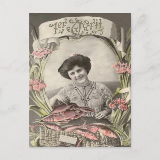 Viktorianische Frau Fisch Poisson d'avril Aprilsch Postkarte (Vorderseite)
