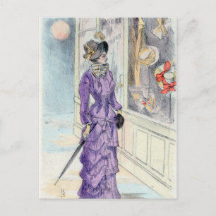 Viktorianische Frau im lila Kleid beim Schaufenste Postkarte