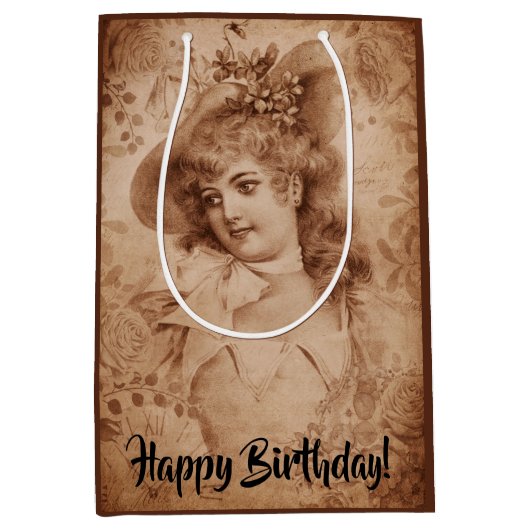 Viktorianische Frau in Hat-Blume Sepia Monochrome Mittlere Geschenktüte (Vorderseite)