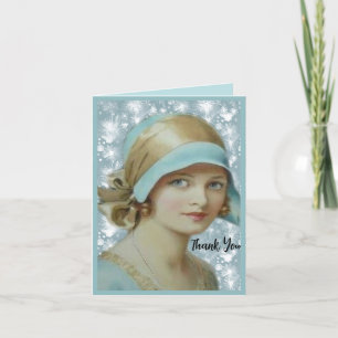 Viktorianische Frau in hellblauem Hut und Kleid Dankeskarte