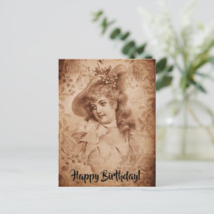 Viktorianische Frau mit Hut Blumen Sepia Monochrom Postkarte