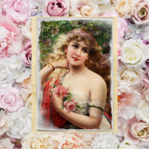 Viktorianische Frau mit rosa Rosen Postkarte