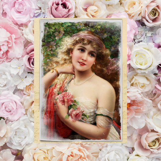 Viktorianische Frau mit rosa Rosen Postkarte