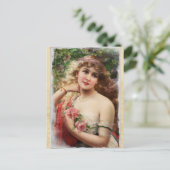 Viktorianische Frau mit rosa Rosen Postkarte (Stehend Vorderseite)