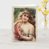 Viktorianische Frau mit rosa Rosenkarte Karte (Gelbe Blume)