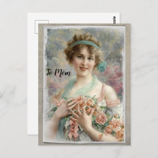 Viktorianische Frau mit Rose auf Wasserfarbe Postkarte (Vorne/Hinten)