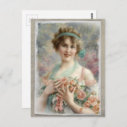 Viktorianische Frau mit Rose auf Wasserfarben-Post Postkarte (Vorne/Hinten)